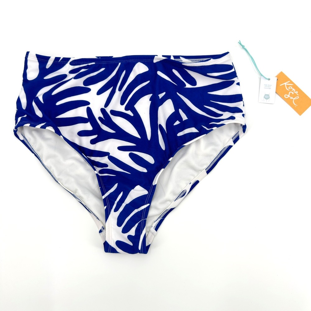 Kona Sol Womens High Waist Bikini Bottom Blue White Coral Print Size X 14-16 NWT
